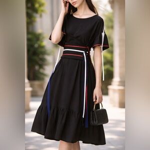 Smarteez Silk Short Sleeve Ribbon Dress Black Italian 0 XS Black Red kimono silk